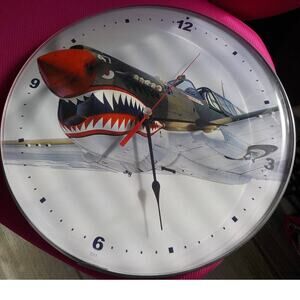 Round Clock VTG Aircraft Shark Face Print c31 Wall Decor Plane Home Office Works